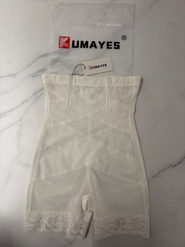 Kumayes White Lace Trim Shapewear Tummy-Control High-Waisted Short Undergarments